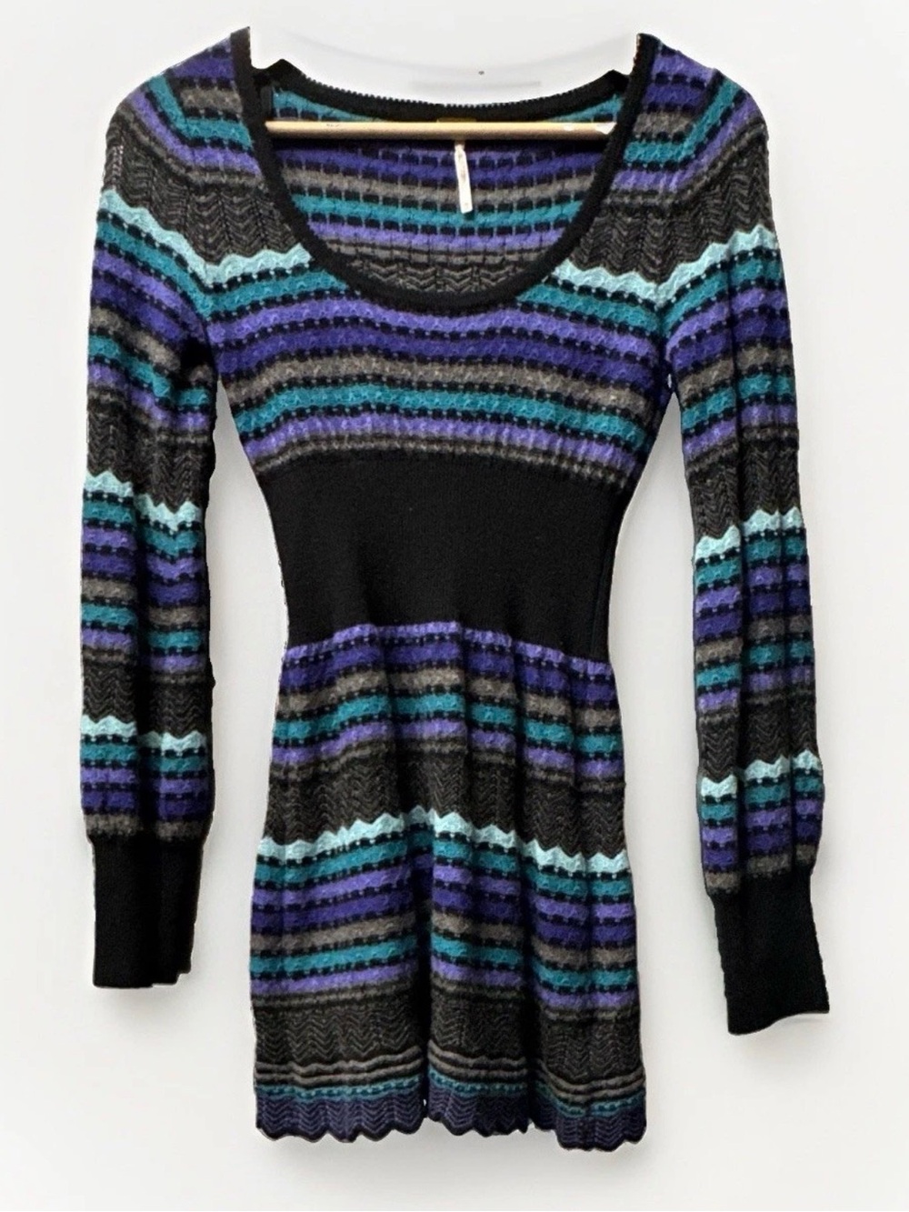 Free People Black Sweater with Purple & Teal Stripes XS wool blended